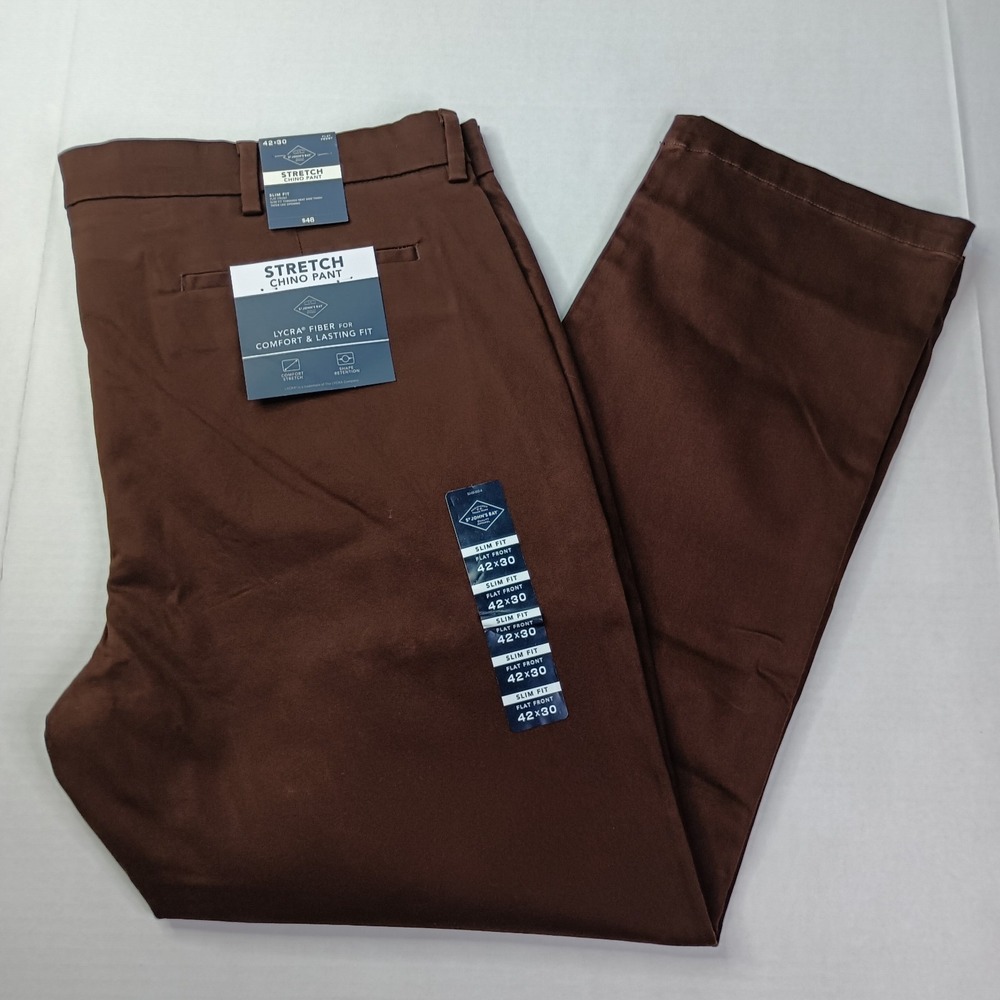 St. John's Bay Chino Pants Men's Size 42x30 Chocolate Slim Fit Comfort Stretch